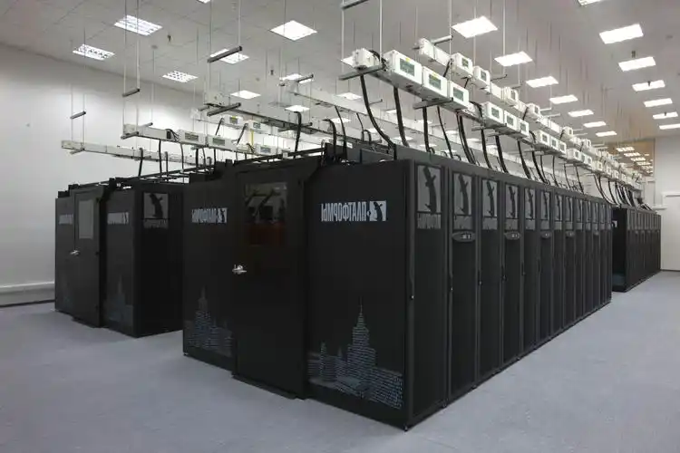 A sprawling cryptocurrency mining farm filled with multiple racks of mining rigs efficiently operating