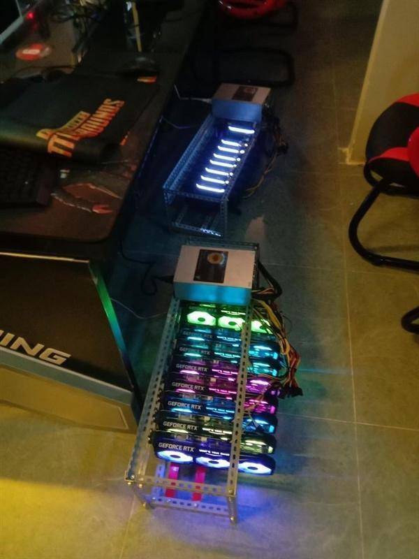 A close-up view of high-performance mining rigs in a data center.